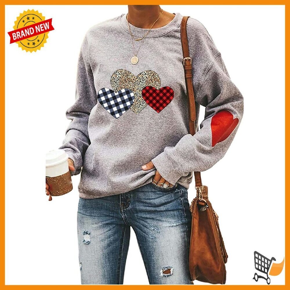 Long Sleeve Valentine's Sweatshirt Plaid Heart Print Women's Top